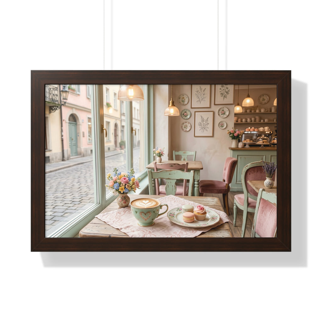 “Afternoon Café Stillness” Framed Poster: Cozy Pastel Café Wall Art | Hygge Coffee Shop Interior Print | Soft Luxury Home Decor