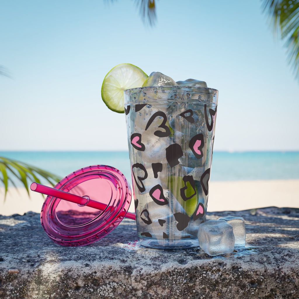 Heart Leopard 16oz Tumbler with Straw — Pink & Black Animal Print Cold Cup