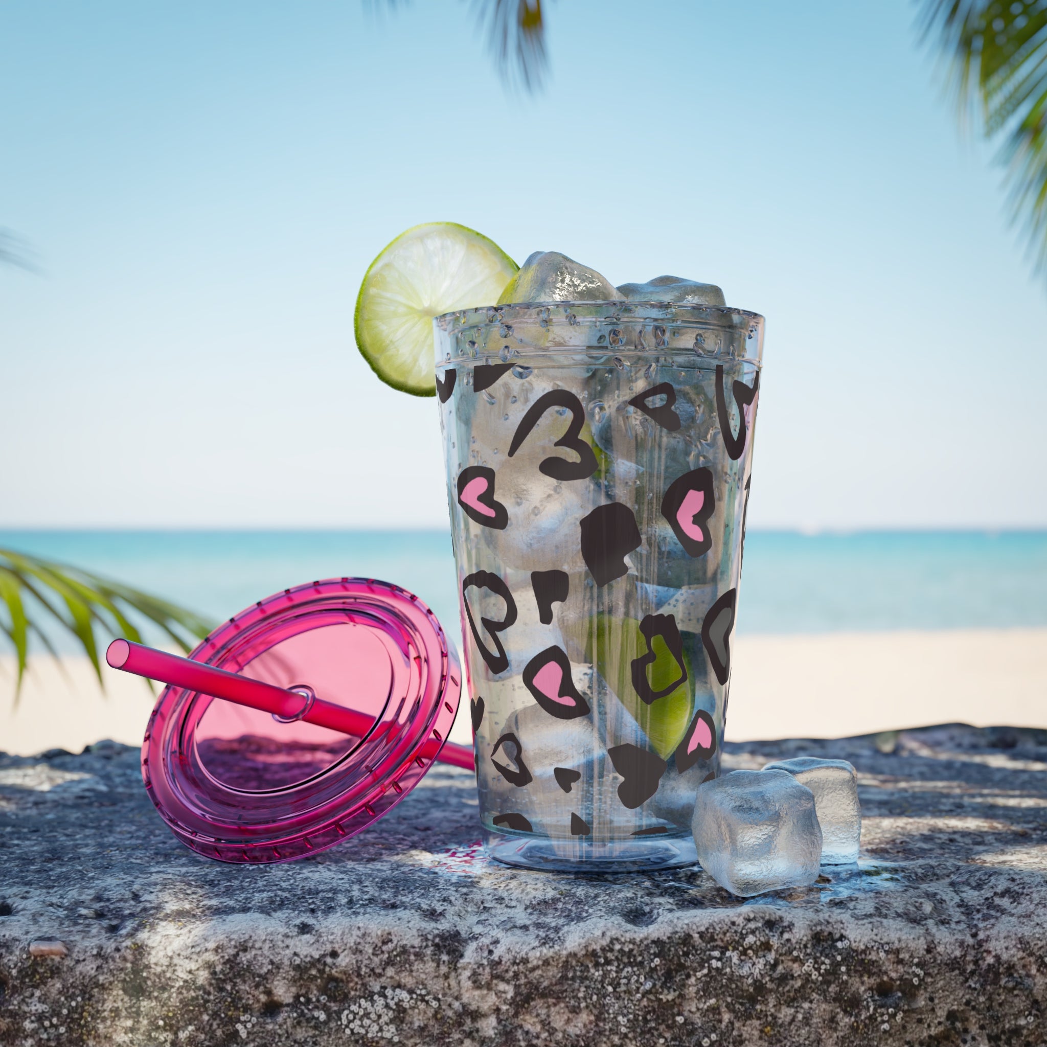 Heart Leopard 16oz Tumbler with Straw — Pink & Black Animal Print Cold Cup