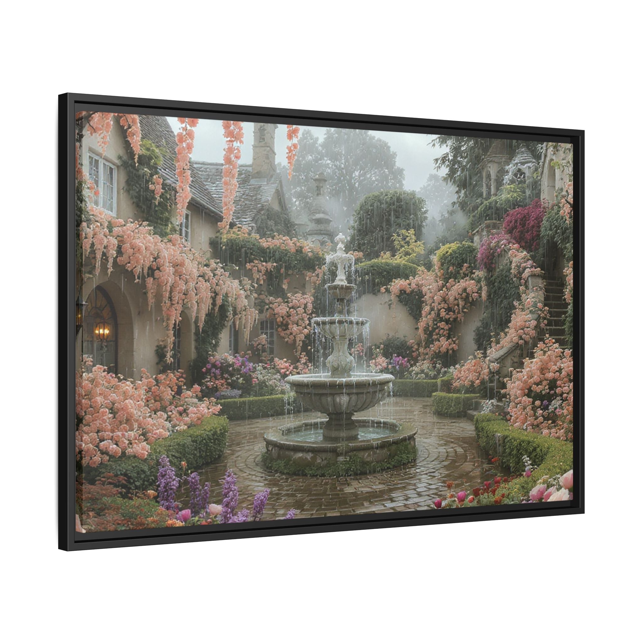 Mediterranean Garden Fountain Canvas — Framed Matte Wall Art