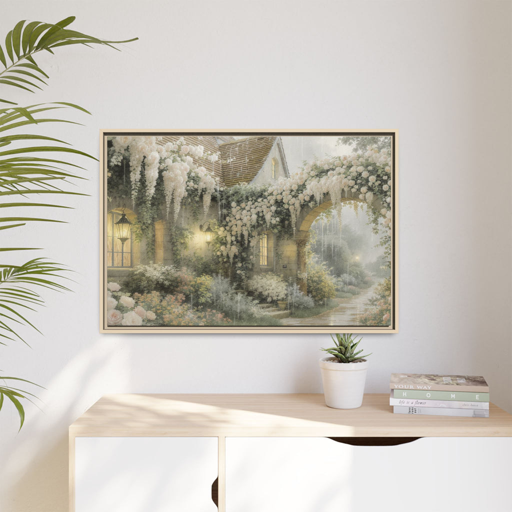 Framed Matte Canvas Print – Cottage Garden Pathway in Soft Floral Hues