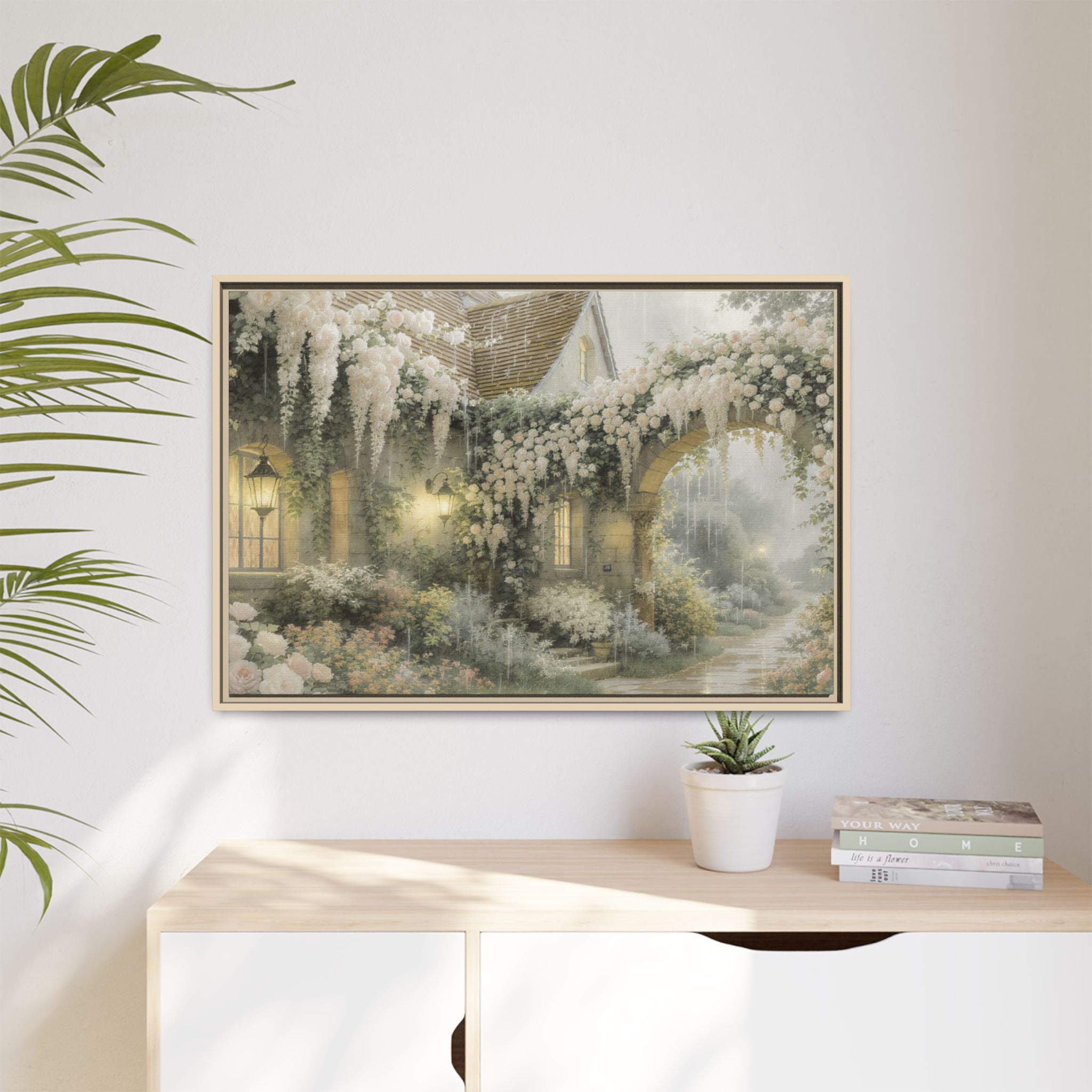 Framed Matte Canvas Print – Cottage Garden Pathway in Soft Floral Hues