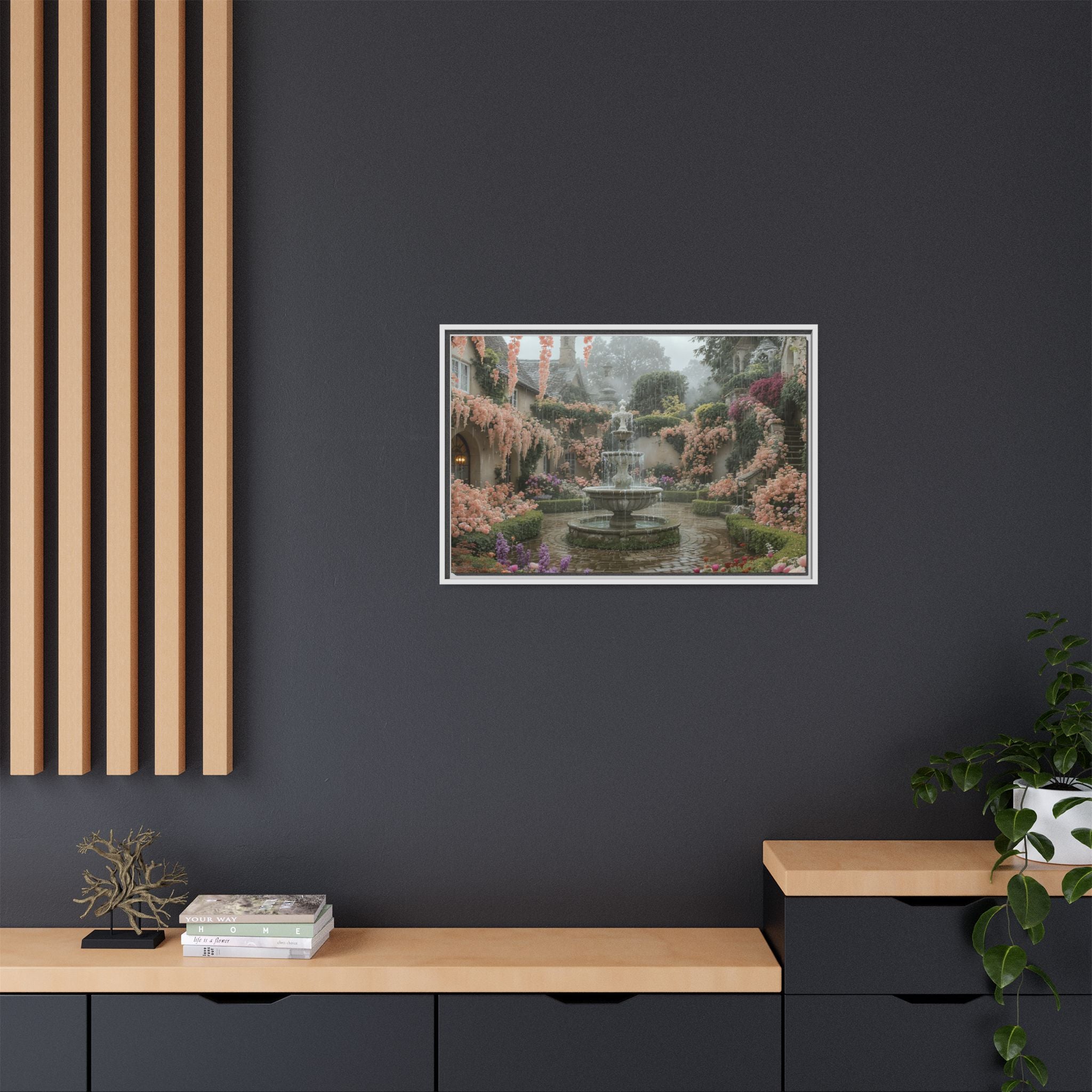Mediterranean Garden Fountain Canvas — Framed Matte Wall Art