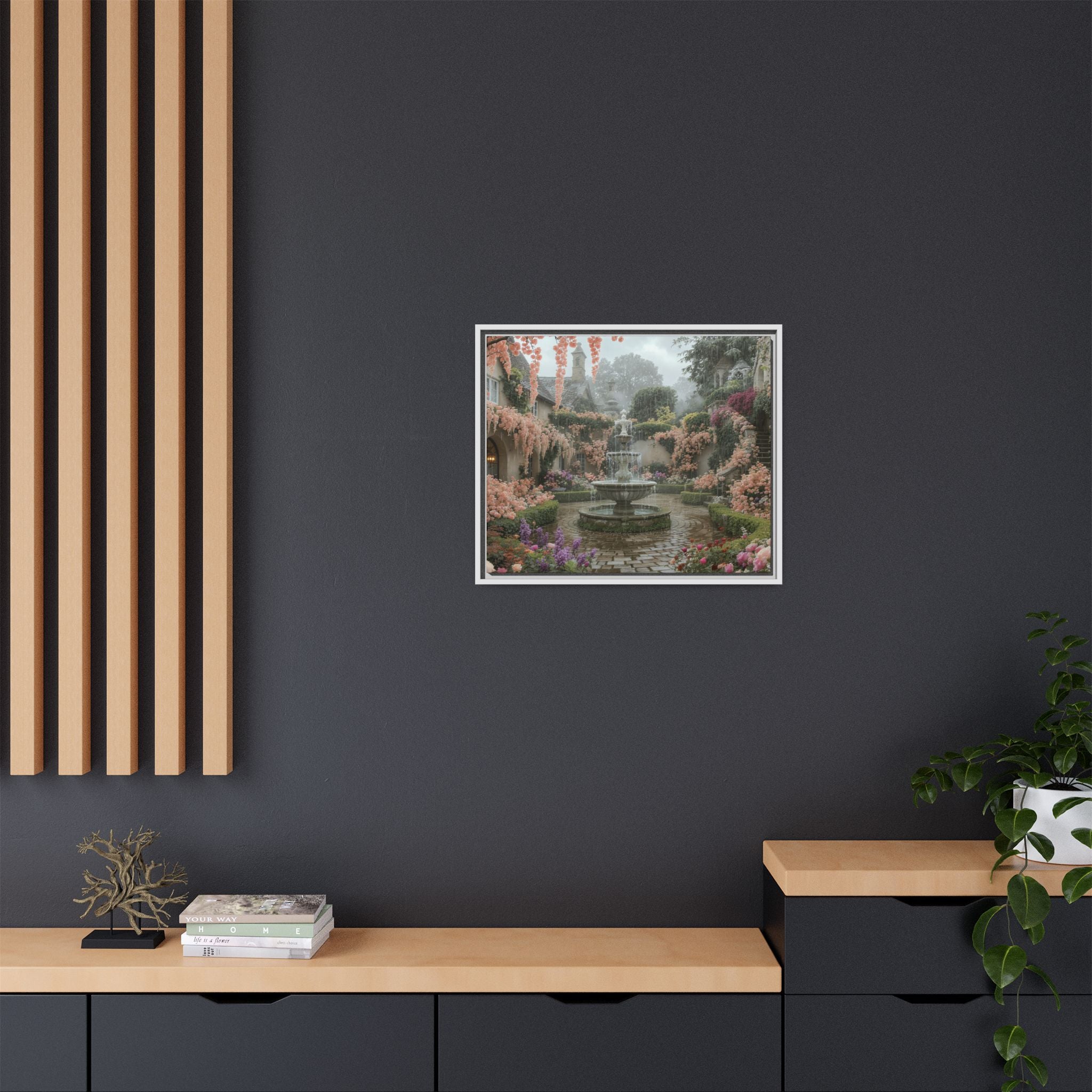 Mediterranean Garden Fountain Canvas — Framed Matte Wall Art