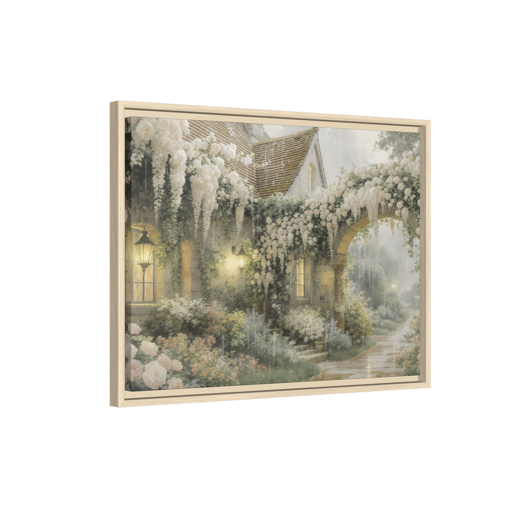 Framed Matte Canvas Print – Cottage Garden Pathway in Soft Floral Hues