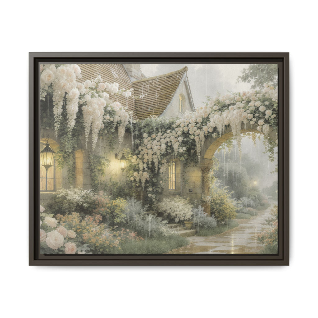 Framed Matte Canvas Print – Cottage Garden Pathway in Soft Floral Hues