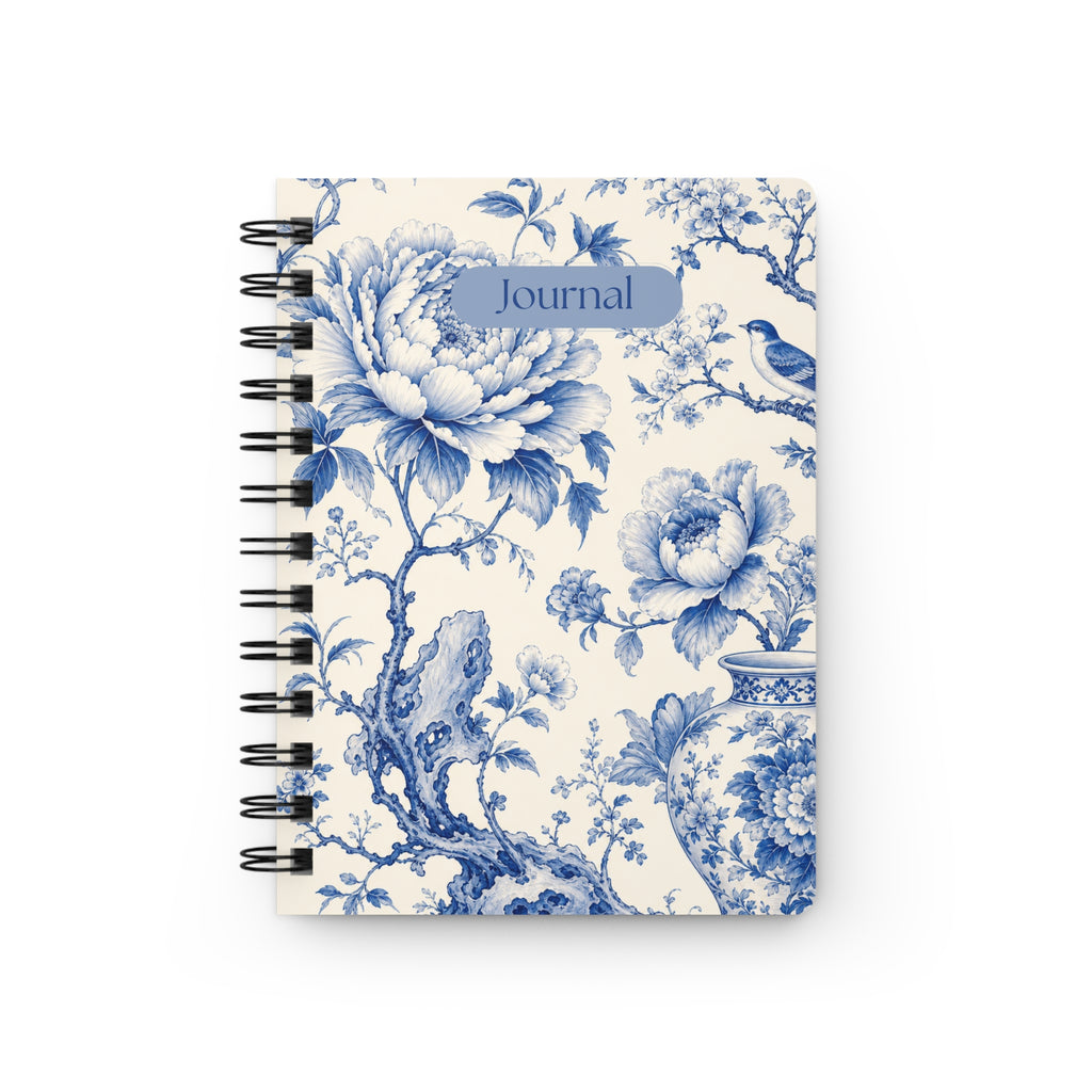 Floral Blue Toile Journal — Spiral-Bound Notebook with "Journal" Cover