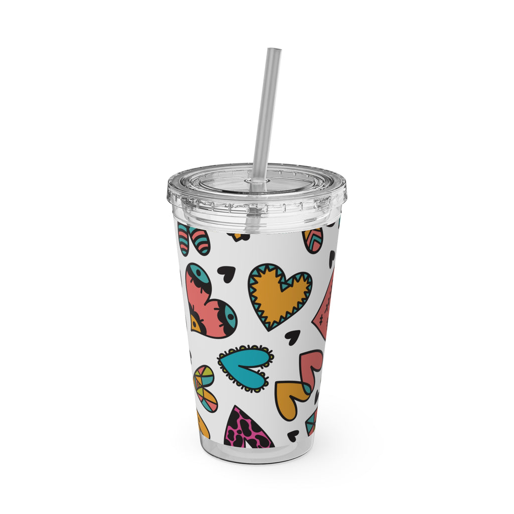 16oz Heart Pattern Tumbler with Straw — Colorful Doodle Hearts Travel Cup
