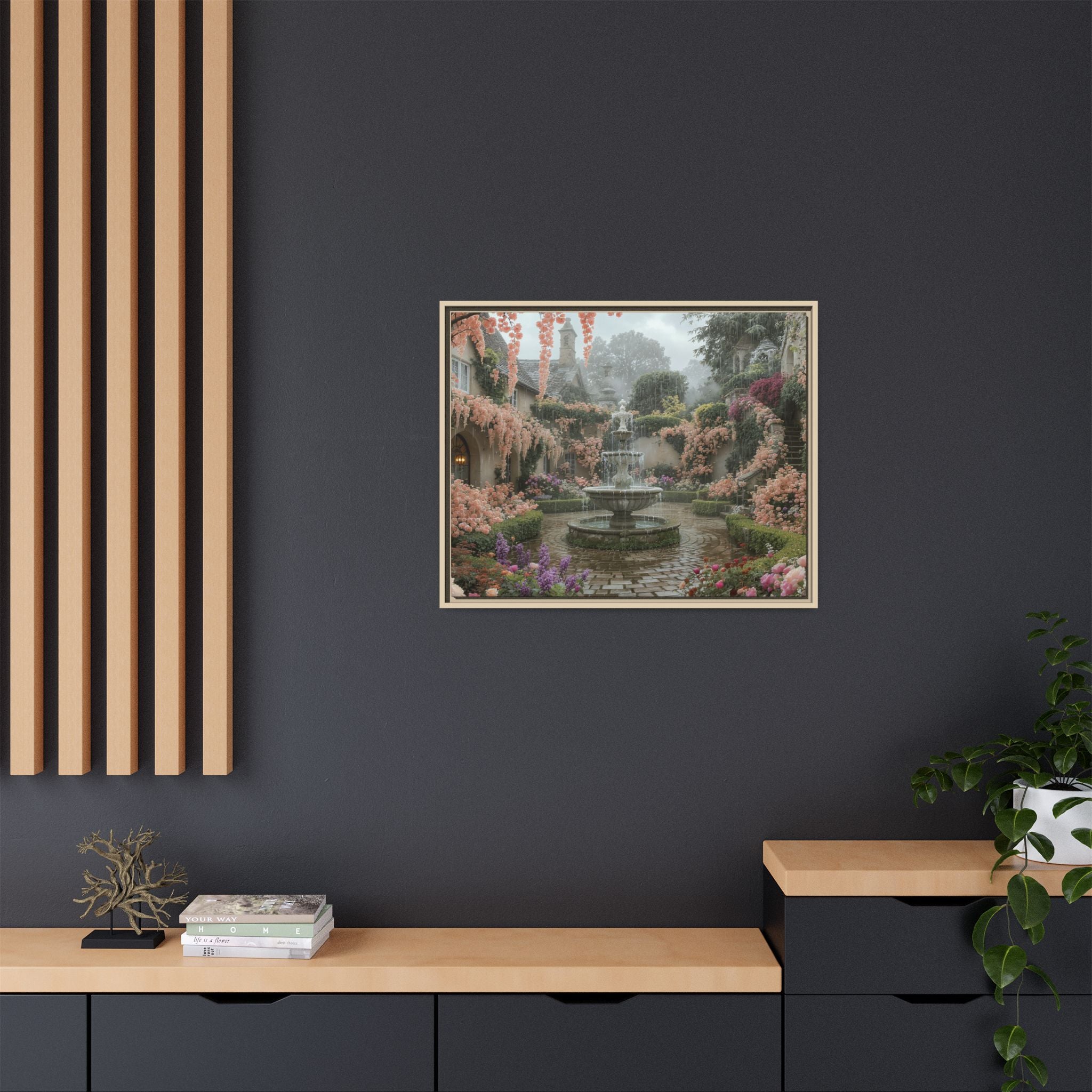 Mediterranean Garden Fountain Canvas — Framed Matte Wall Art