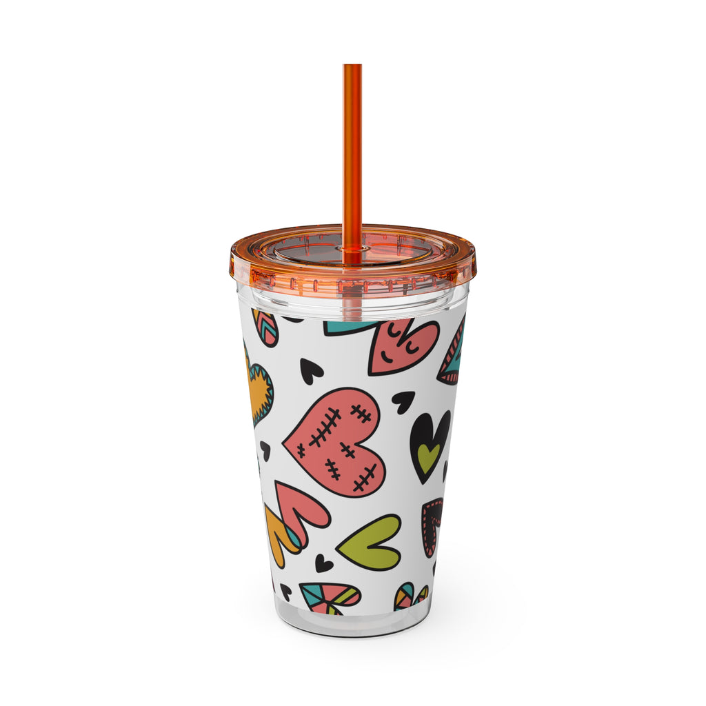 16oz Heart Pattern Tumbler with Straw — Colorful Doodle Hearts Travel Cup