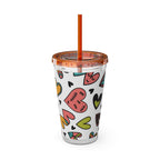 16oz Heart Pattern Tumbler with Straw — Colorful Doodle Hearts Travel Cup