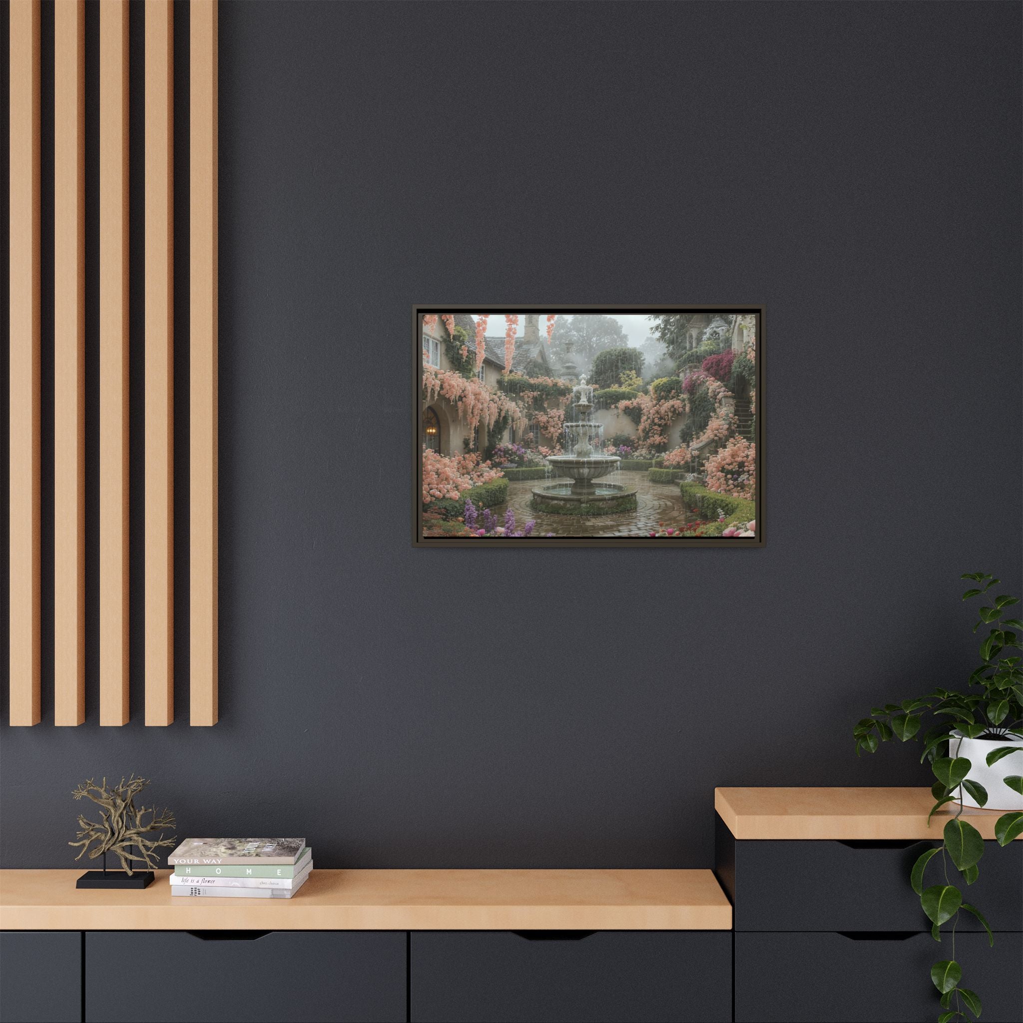 Mediterranean Garden Fountain Canvas — Framed Matte Wall Art