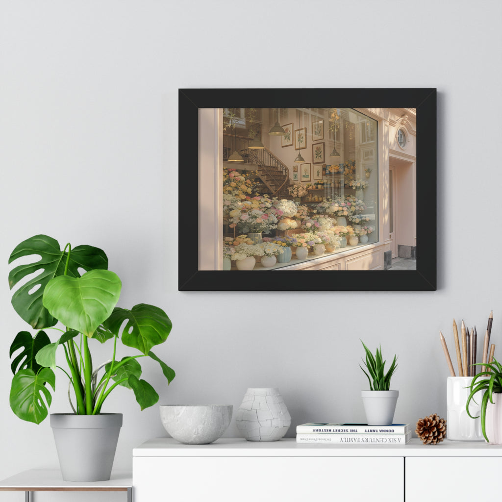 “Golden Hour Flower Boutique” Framed Poster: Pastel Flower Shop Wall Art | Soft Boutique Street Photography Print | Cozy European Aesthetic Decor