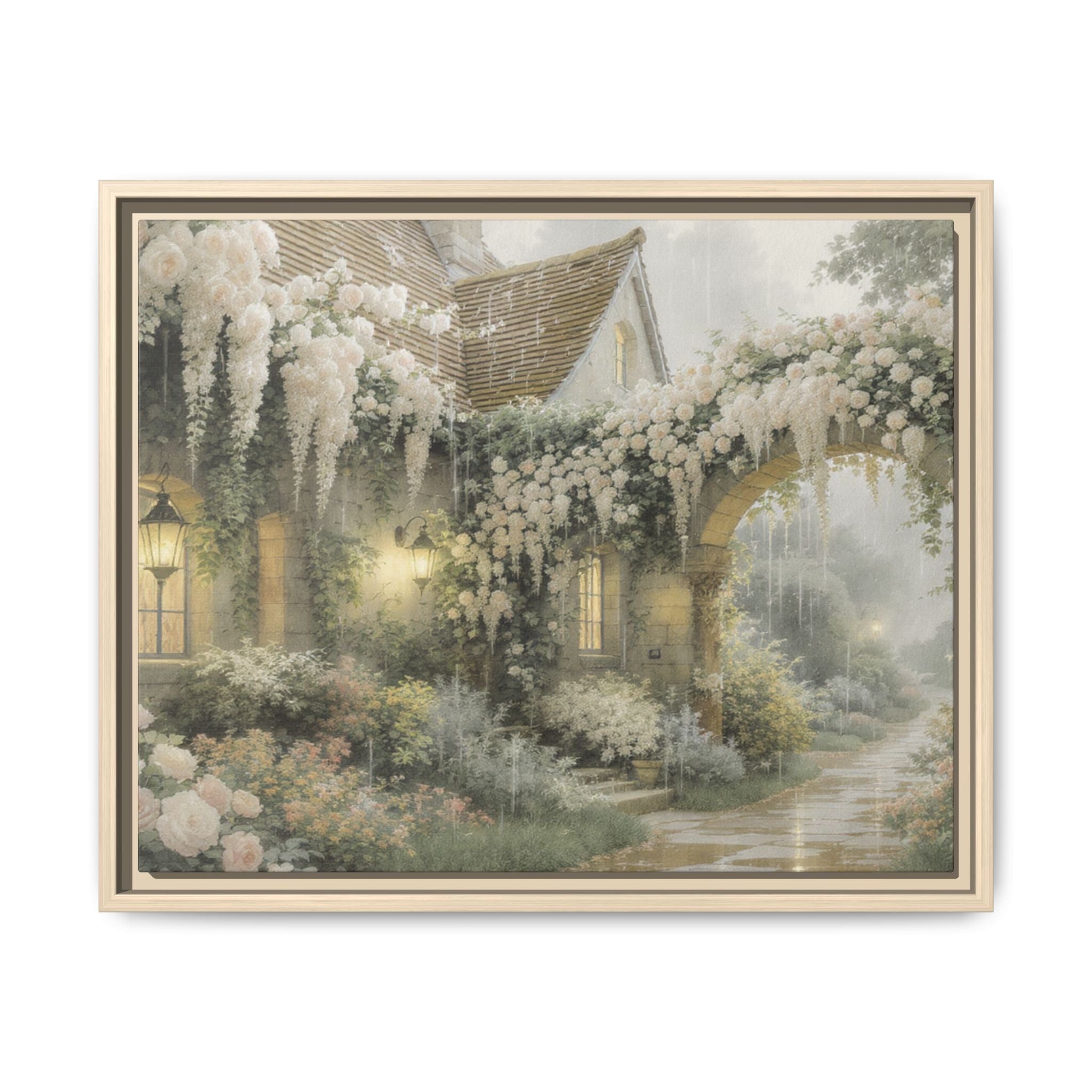 Framed Matte Canvas Print – Cottage Garden Pathway in Soft Floral Hues