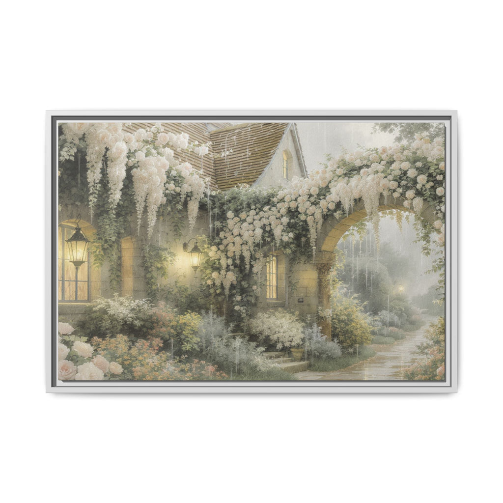 Framed Matte Canvas Print – Cottage Garden Pathway in Soft Floral Hues