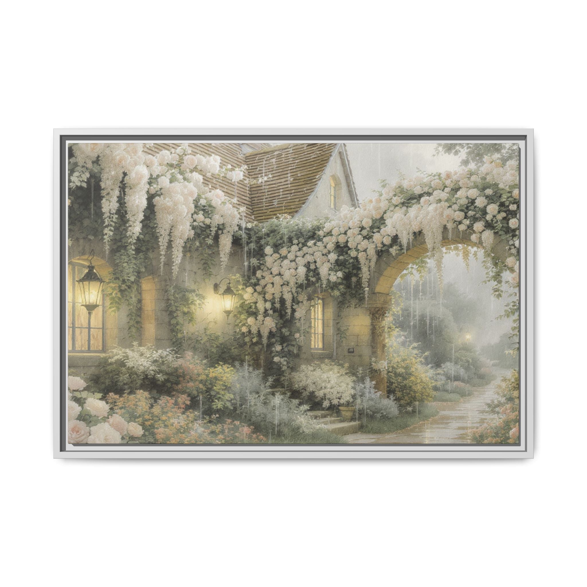 Framed Matte Canvas Print – Cottage Garden Pathway in Soft Floral Hues