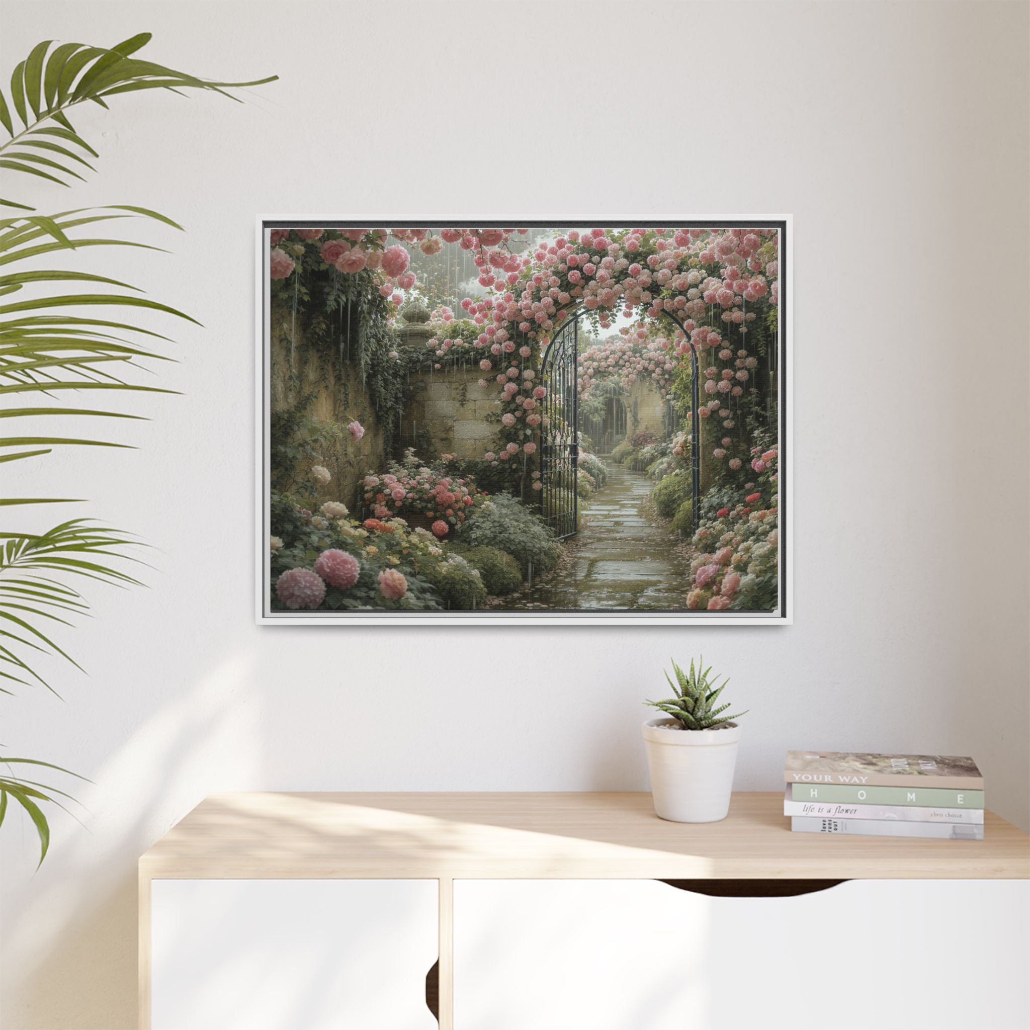 Framed Canvas Print – Secret Garden Archway Floral Landscape