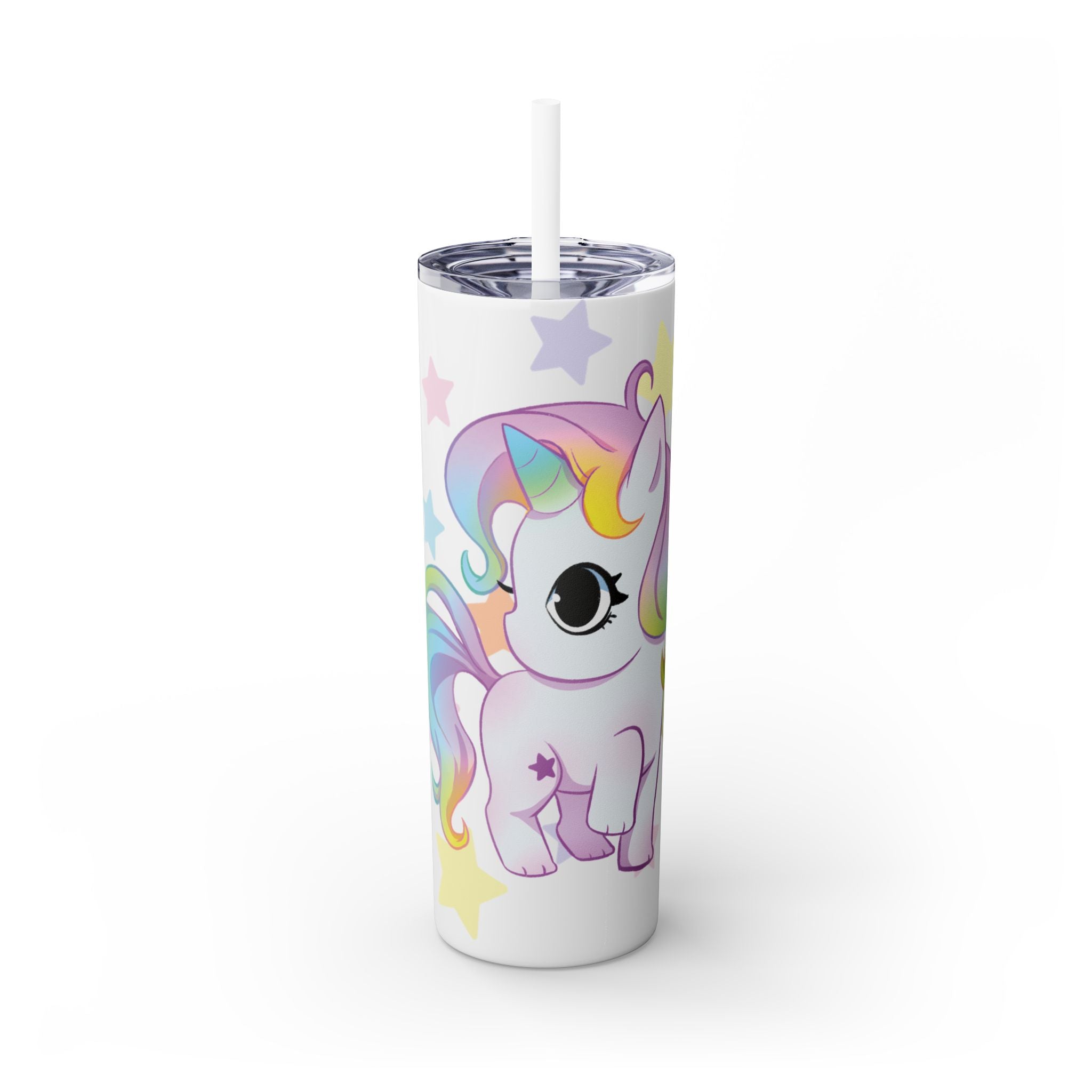 Unicorn Skinny Tumbler 20oz — Cute Pastel Rainbow Unicorn with Straw