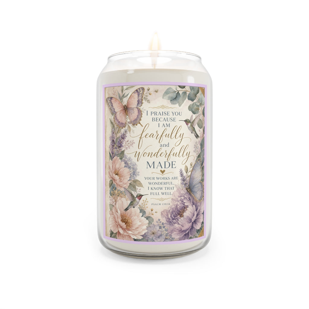 Soy Scented Candle — “Fearfully and Wonderfully Made” Floral Inspirational Jar (13.75 oz)