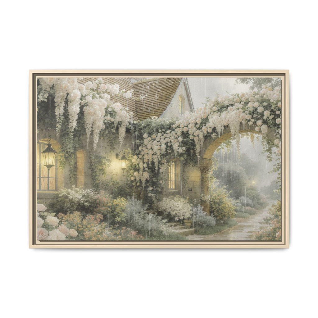 Framed Matte Canvas Print – Cottage Garden Pathway in Soft Floral Hues