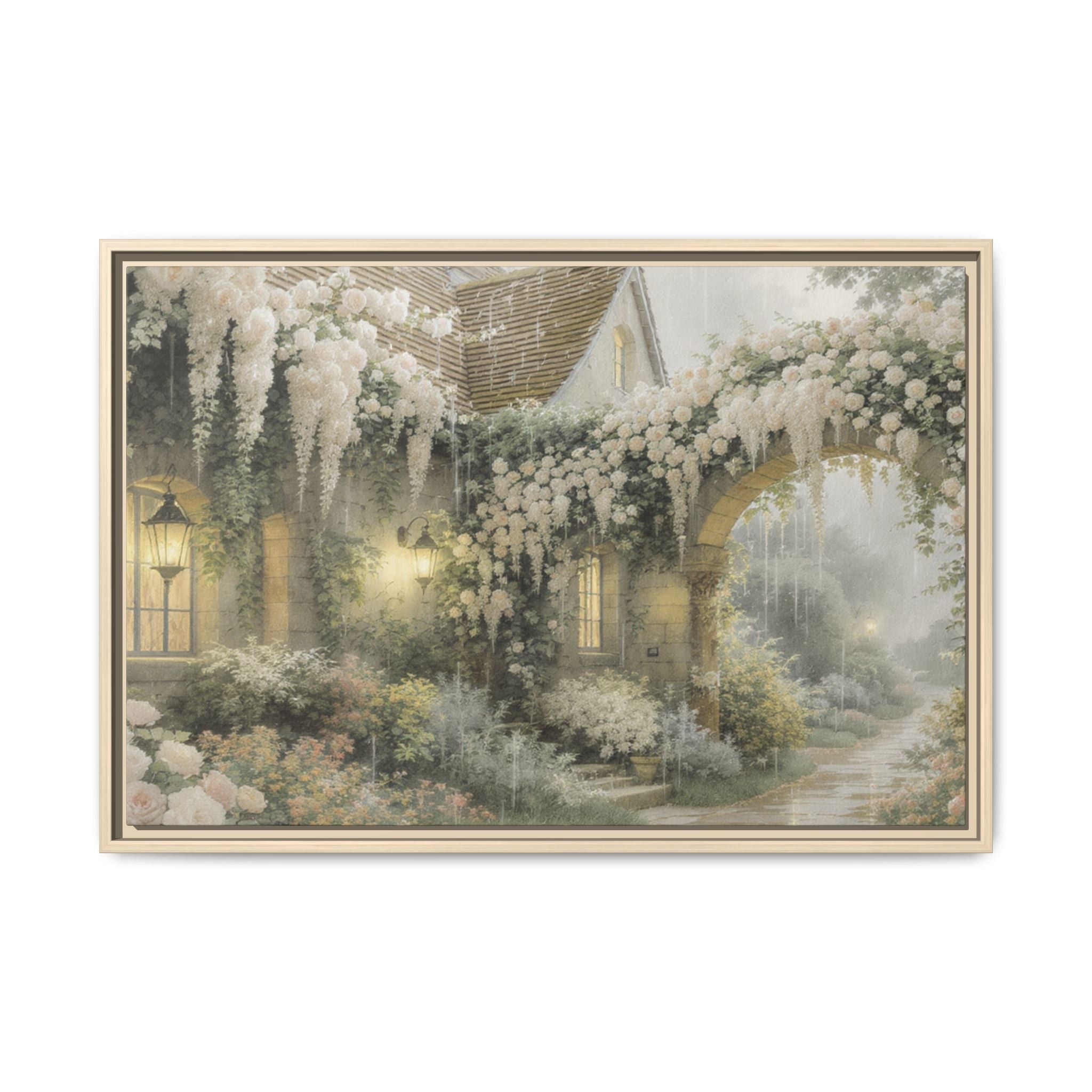 Framed Matte Canvas Print – Cottage Garden Pathway in Soft Floral Hues