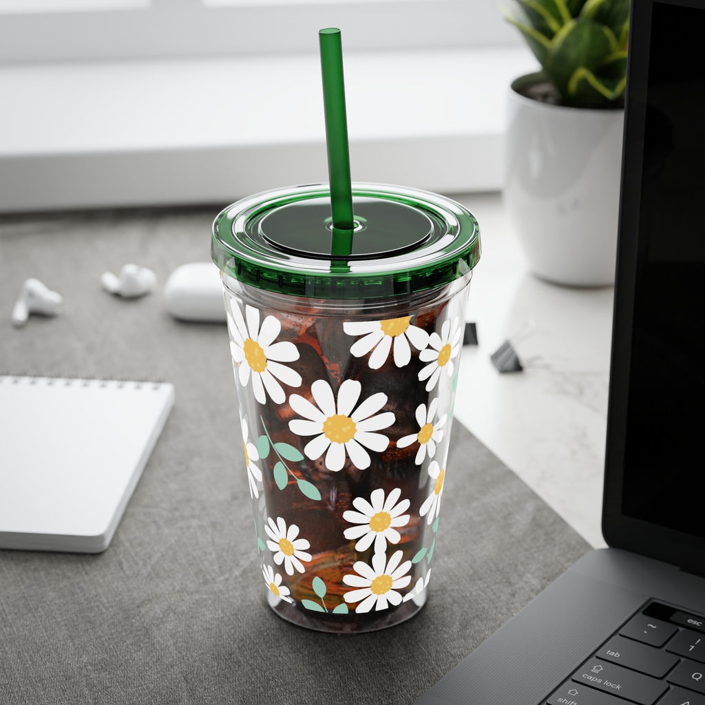 16oz Daisy Tumbler with Straw — Clear Floral Sunsplash Cup