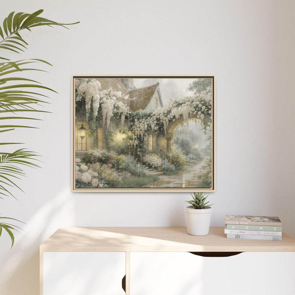 Framed Matte Canvas Print – Cottage Garden Pathway in Soft Floral Hues