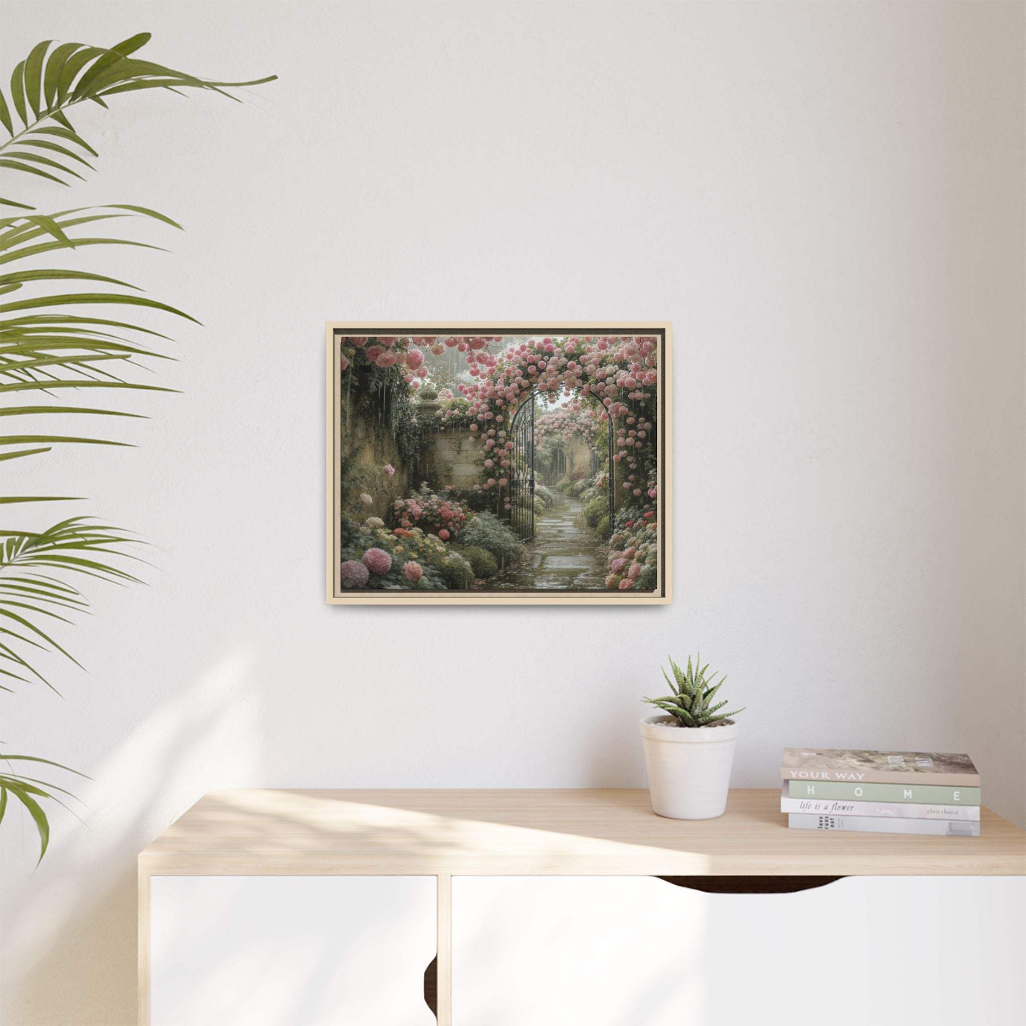 Framed Canvas Print – Secret Garden Archway Floral Landscape