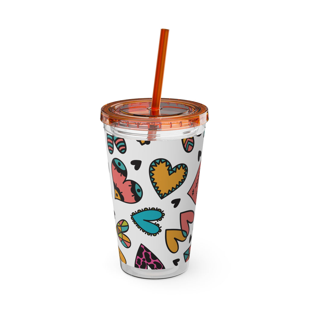 16oz Heart Pattern Tumbler with Straw — Colorful Doodle Hearts Travel Cup