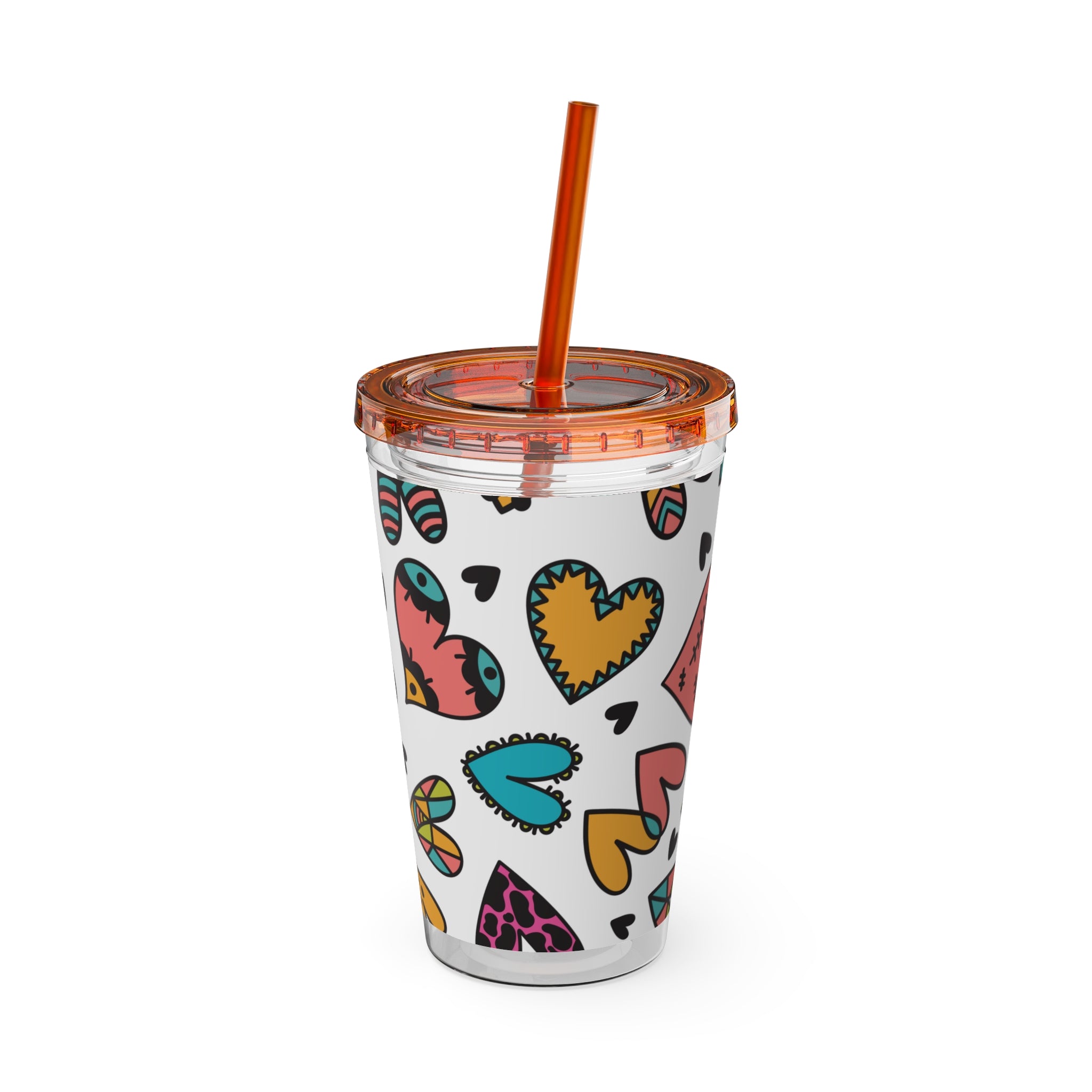 16oz Heart Pattern Tumbler with Straw — Colorful Doodle Hearts Travel Cup