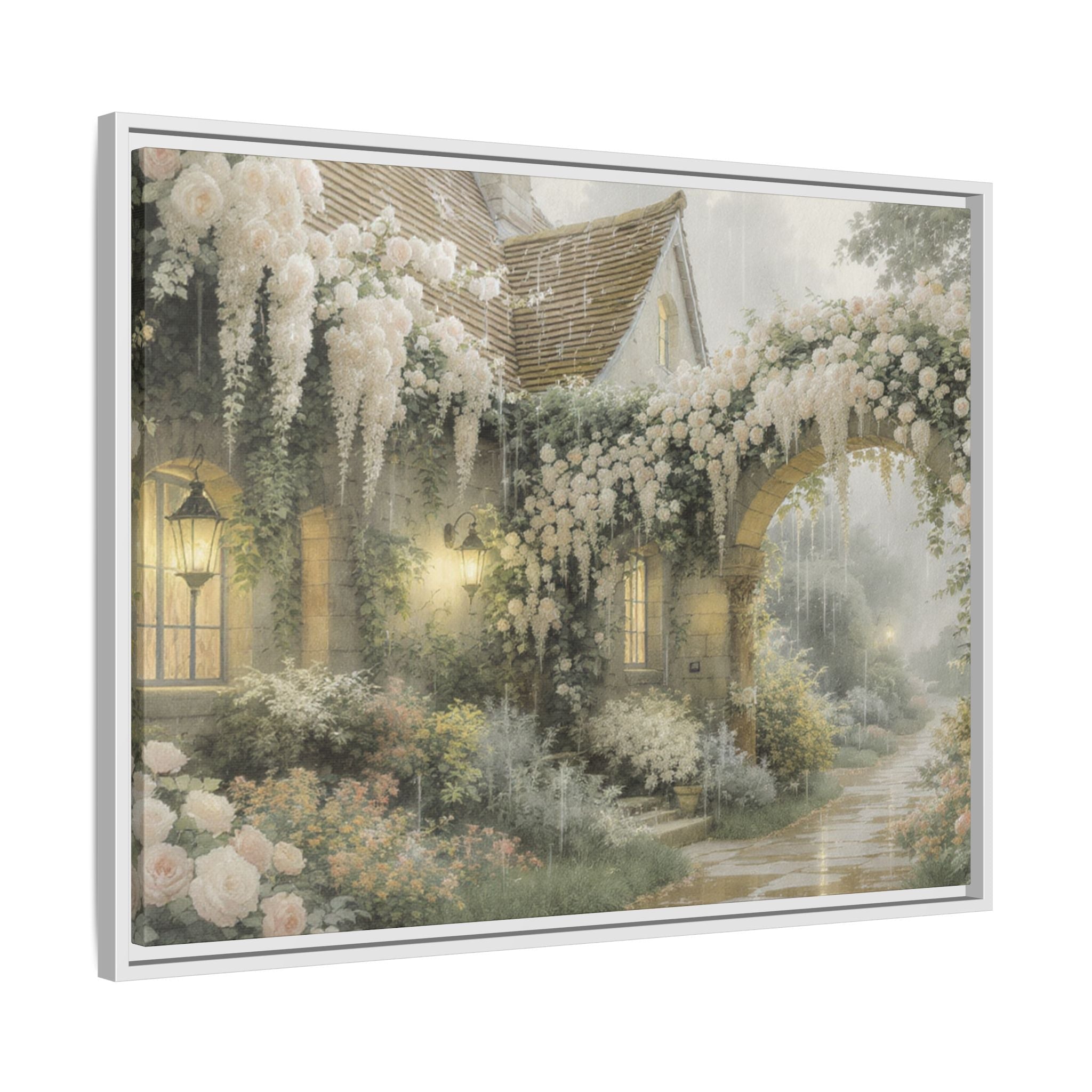 Framed Matte Canvas Print – Cottage Garden Pathway in Soft Floral Hues