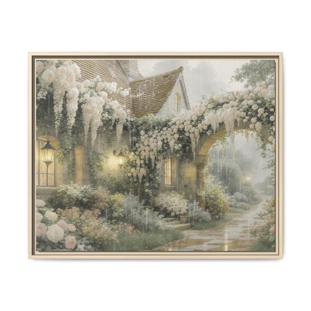 Framed Matte Canvas Print – Cottage Garden Pathway in Soft Floral Hues