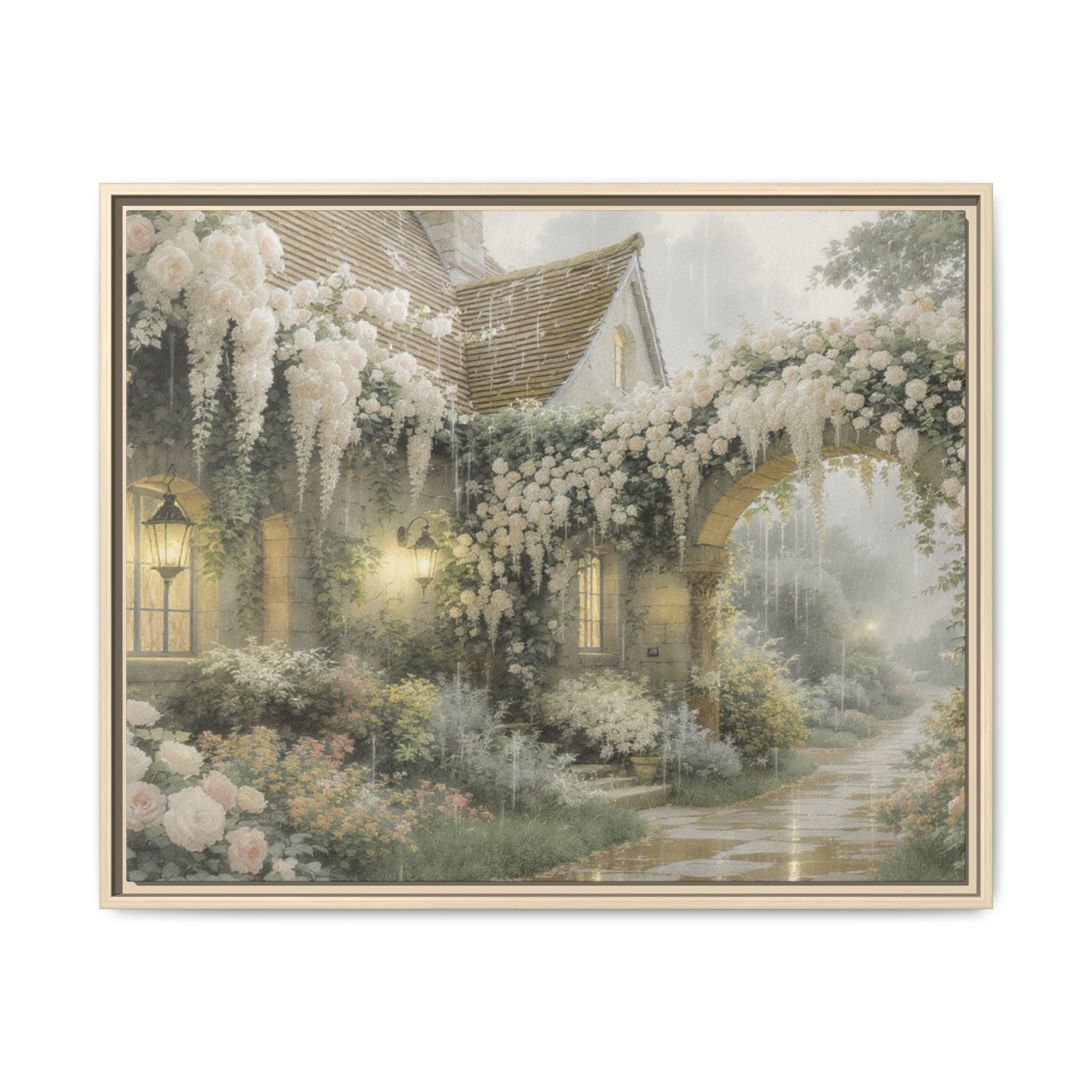 Framed Matte Canvas Print – Cottage Garden Pathway in Soft Floral Hues
