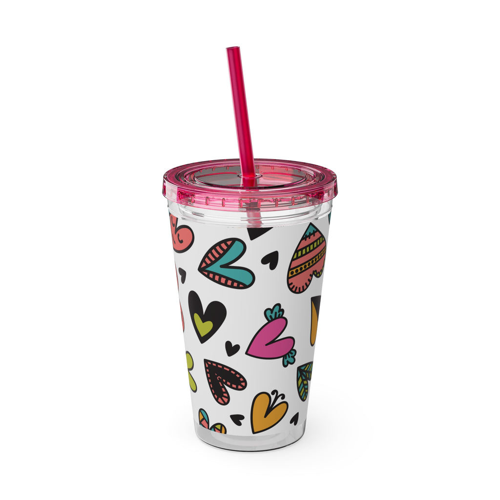 16oz Heart Pattern Tumbler with Straw — Colorful Doodle Hearts Travel Cup
