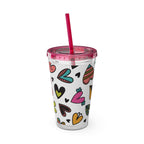 16oz Heart Pattern Tumbler with Straw — Colorful Doodle Hearts Travel Cup