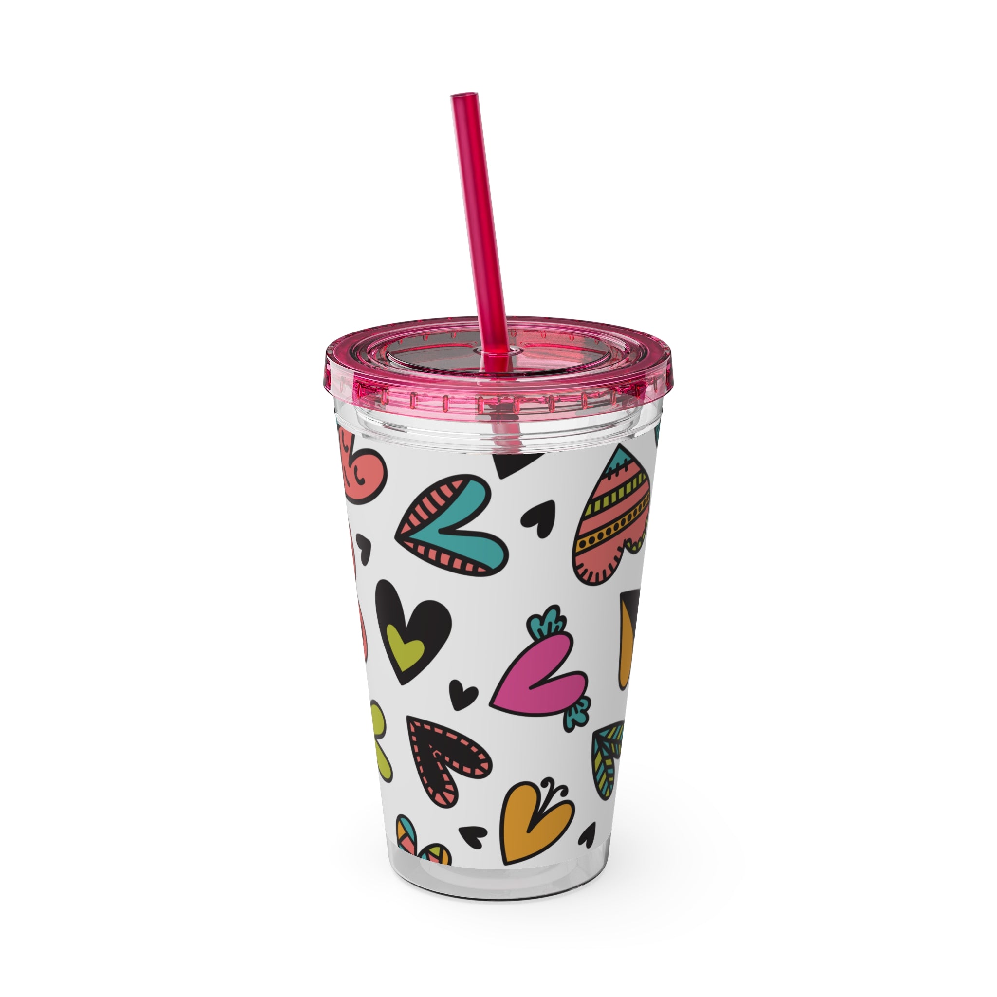 16oz Heart Pattern Tumbler with Straw — Colorful Doodle Hearts Travel Cup