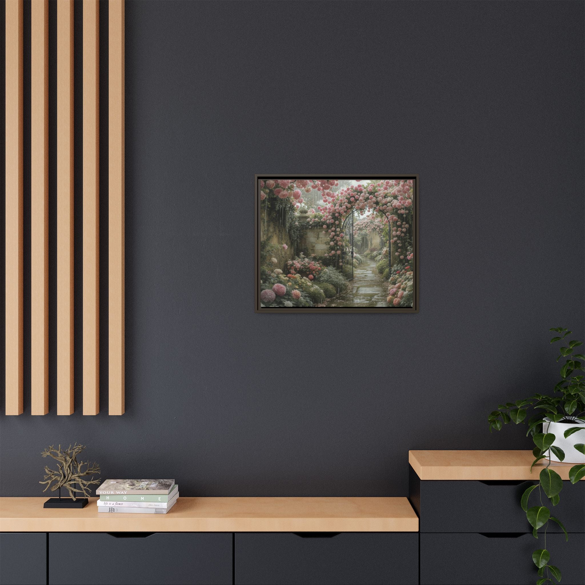 Framed Canvas Print – Secret Garden Archway Floral Landscape