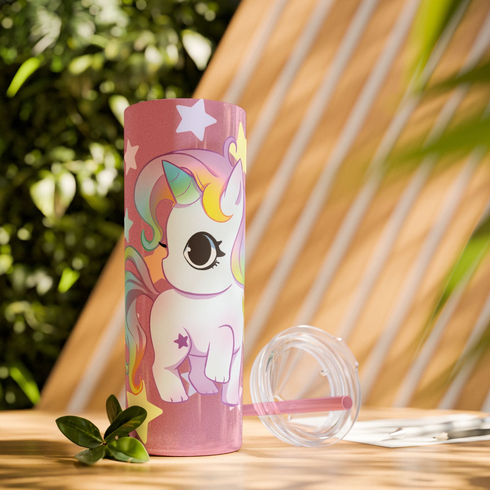 Unicorn Skinny Tumbler 20oz — Cute Pastel Rainbow Unicorn with Straw