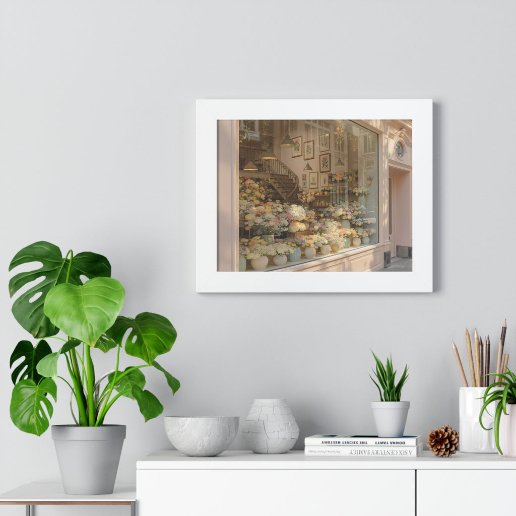 “Golden Hour Flower Boutique” Framed Poster: Pastel Flower Shop Wall Art | Soft Boutique Street Photography Print | Cozy European Aesthetic Decor