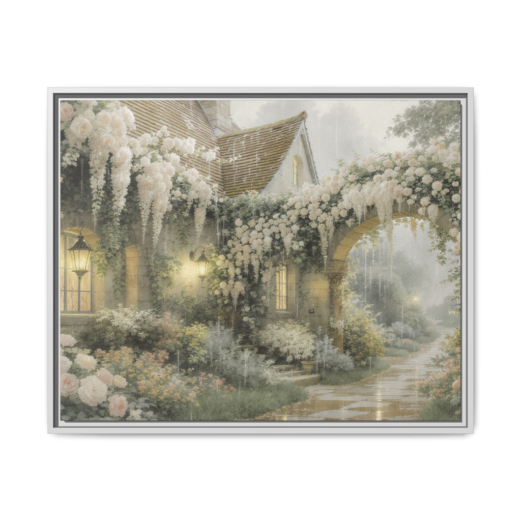Framed Matte Canvas Print – Cottage Garden Pathway in Soft Floral Hues