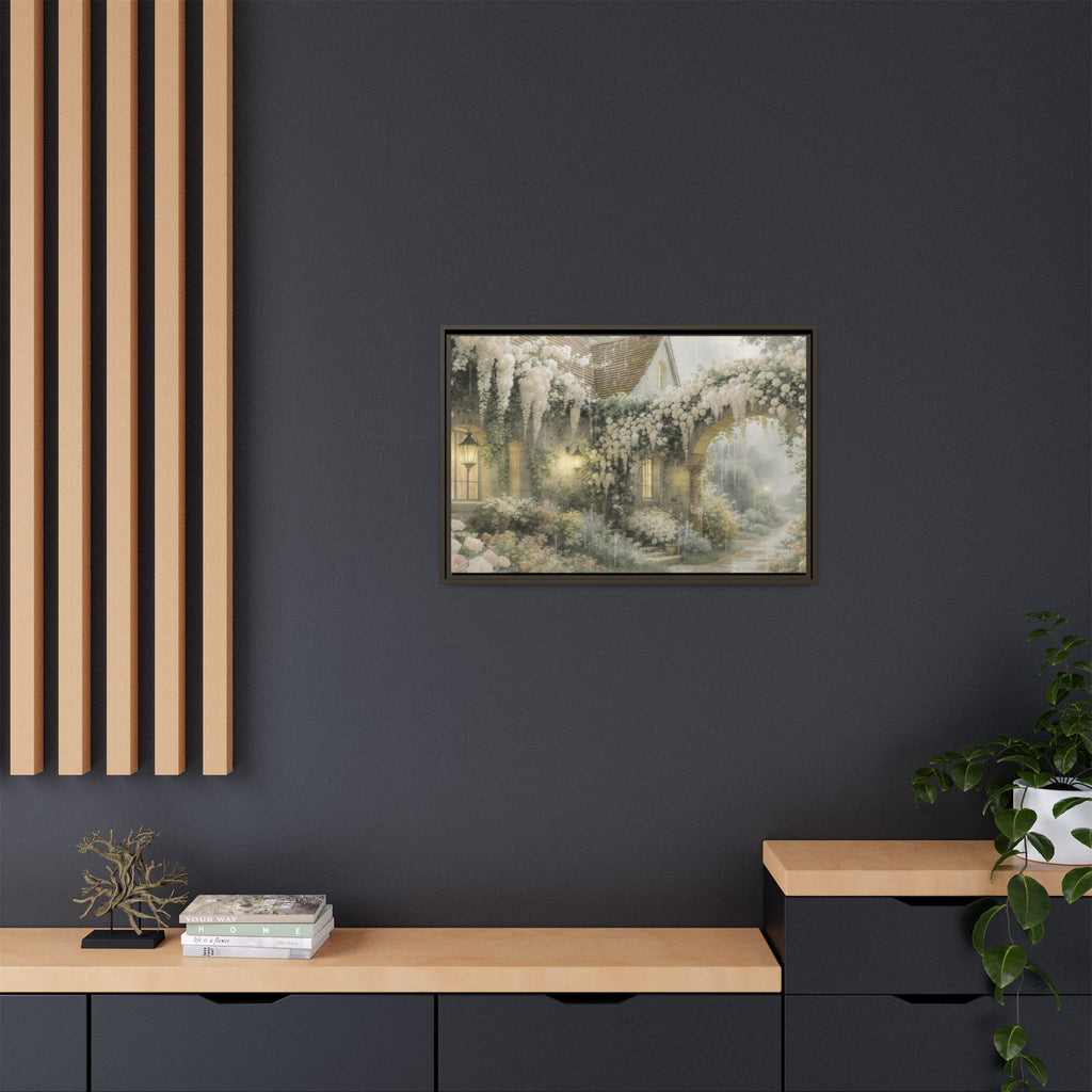 Framed Matte Canvas Print – Cottage Garden Pathway in Soft Floral Hues