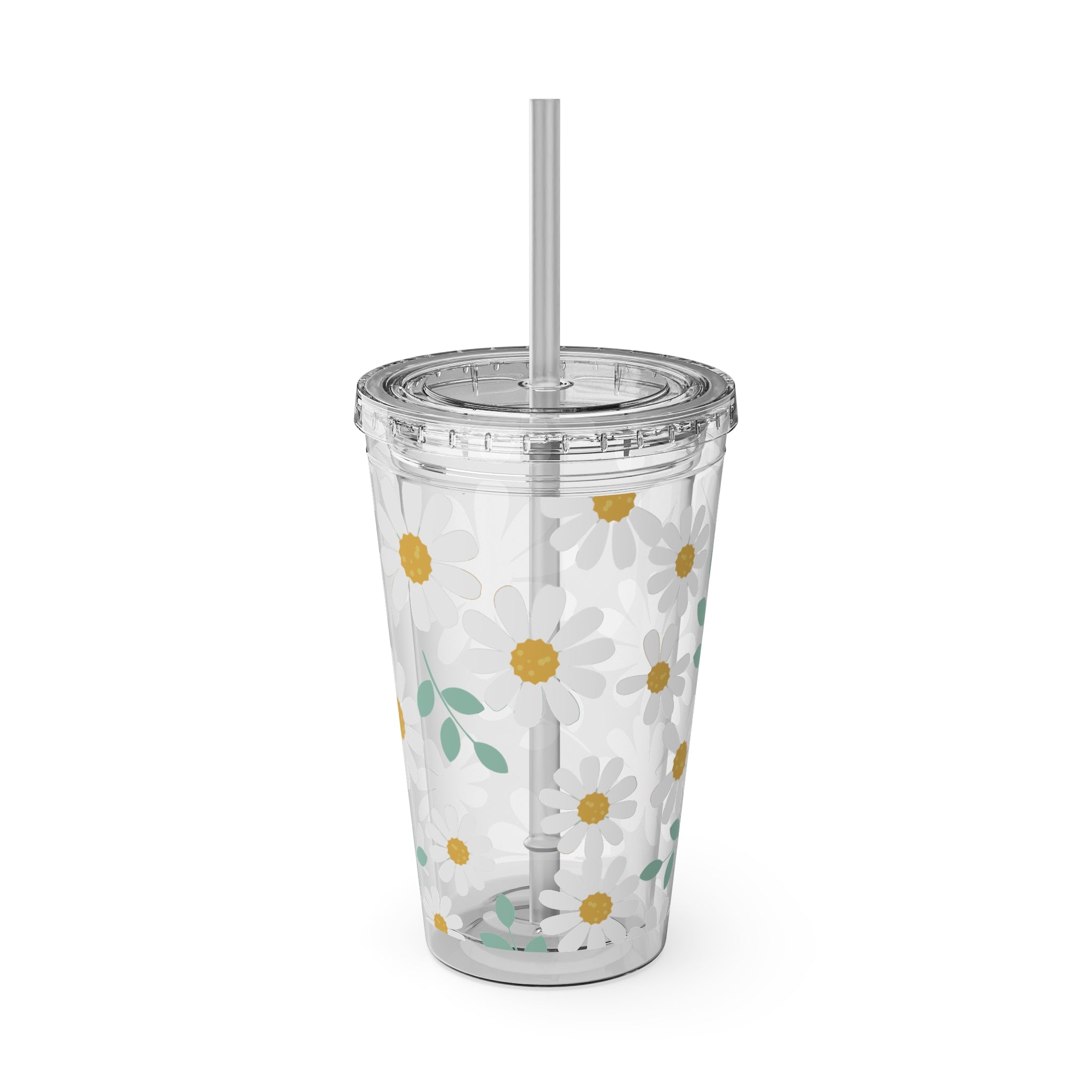 16oz Daisy Tumbler with Straw — Clear Floral Sunsplash Cup