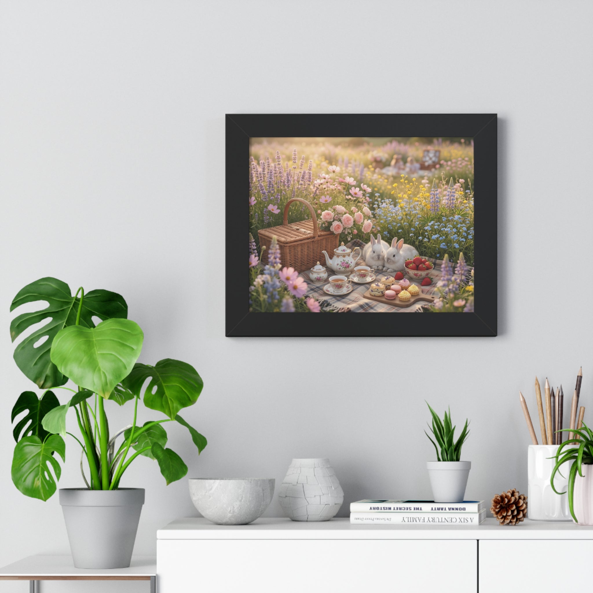 “Golden Meadow Picnic” Framed Poster: Pastel Meadow Picnic Wall Art | Soft Nature Bunny Aesthetic Print | Dreamy Cottagecore Deco