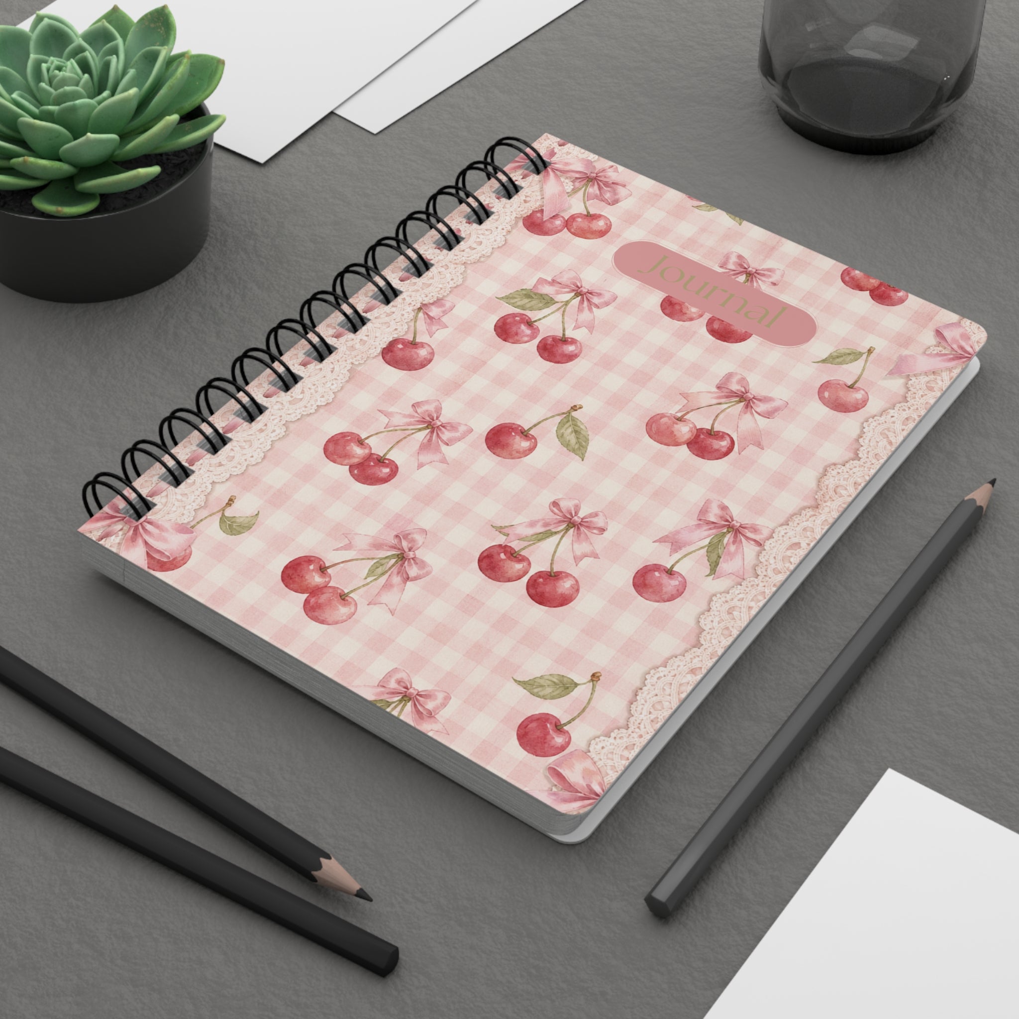 Cherry Gingham Spiral Journal — Pink Retro Cherry Notebook