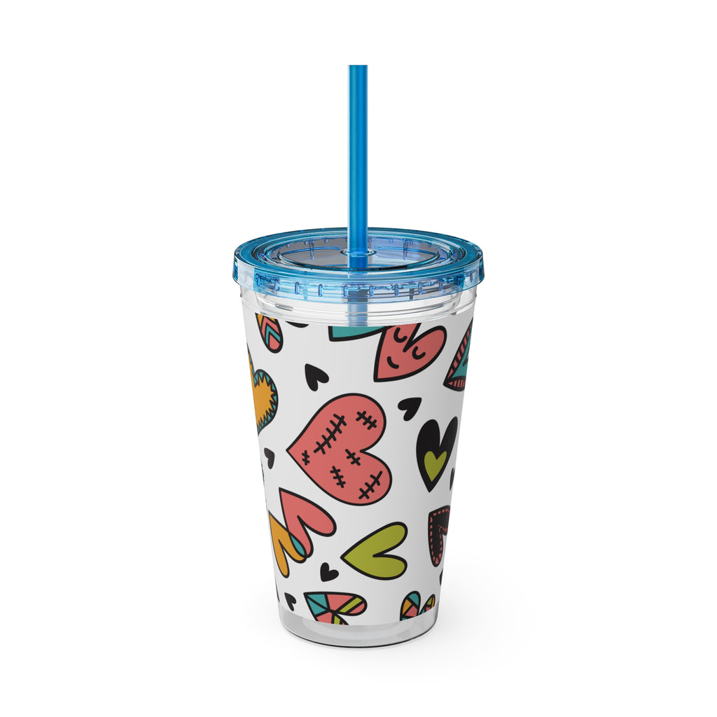 16oz Heart Pattern Tumbler with Straw — Colorful Doodle Hearts Travel Cup