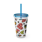 16oz Heart Pattern Tumbler with Straw — Colorful Doodle Hearts Travel Cup