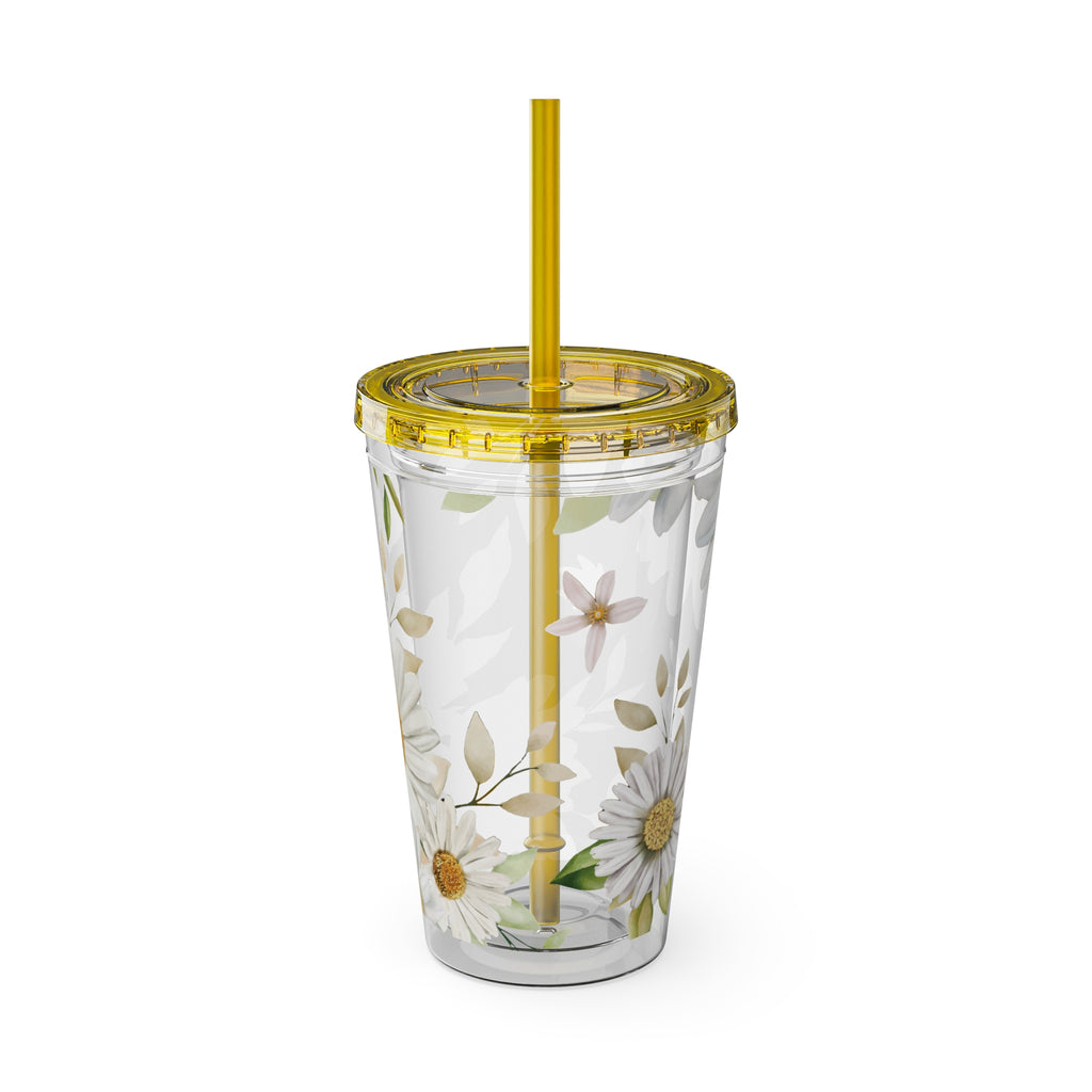 Daisy Floral 16oz Tumbler with Straw — Clear Sunlit Daisy Print