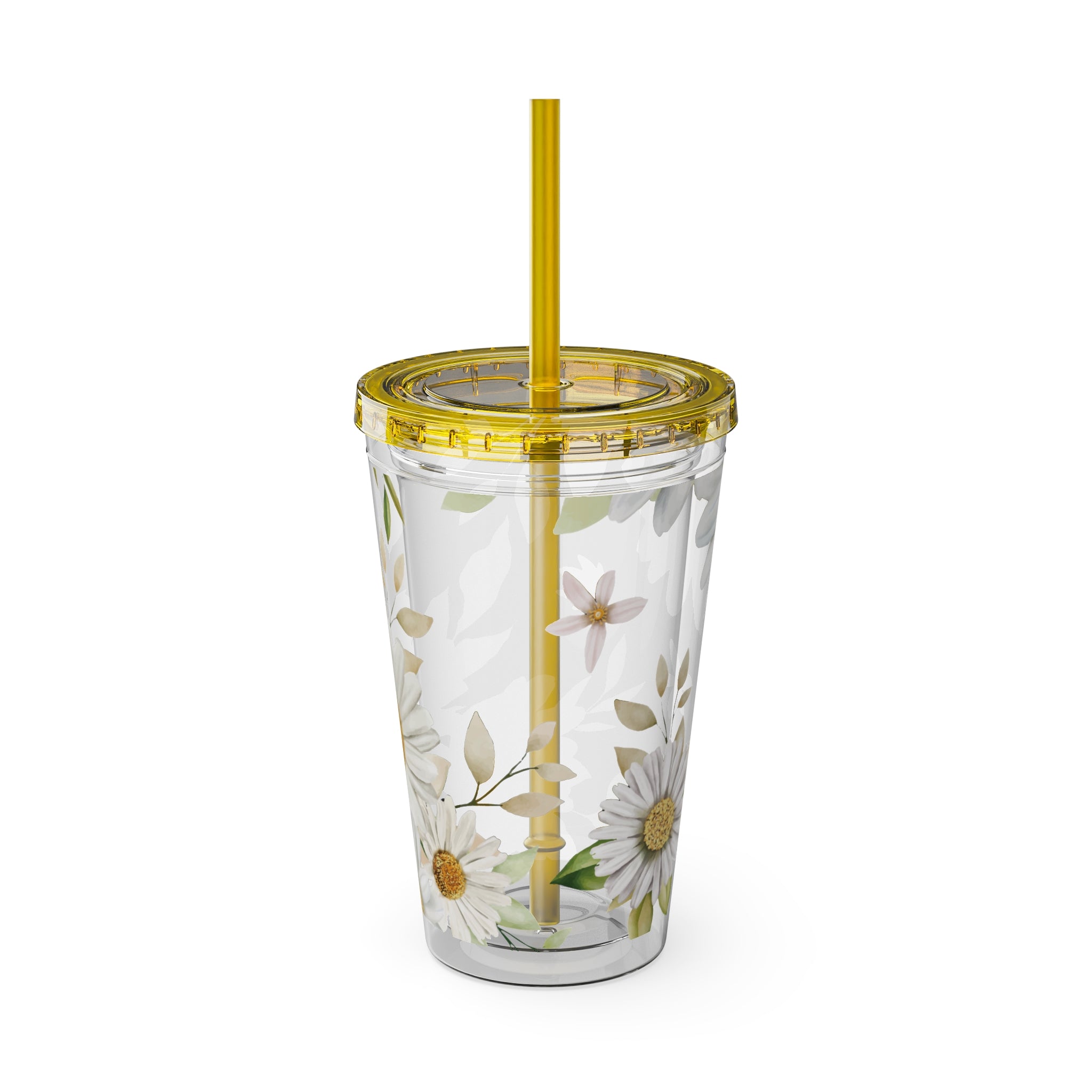 Daisy Floral 16oz Tumbler with Straw — Clear Sunlit Daisy Print