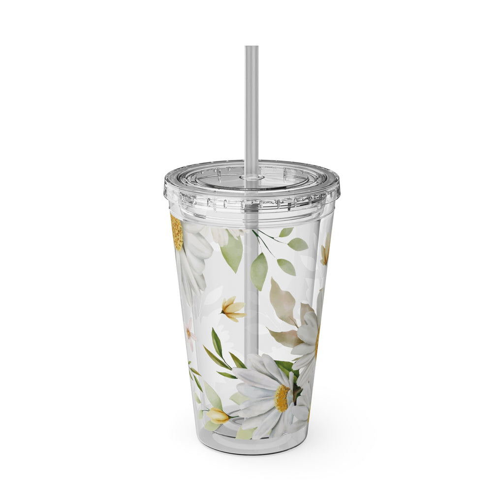 Daisy Floral 16oz Tumbler with Straw — Clear Sunlit Daisy Print