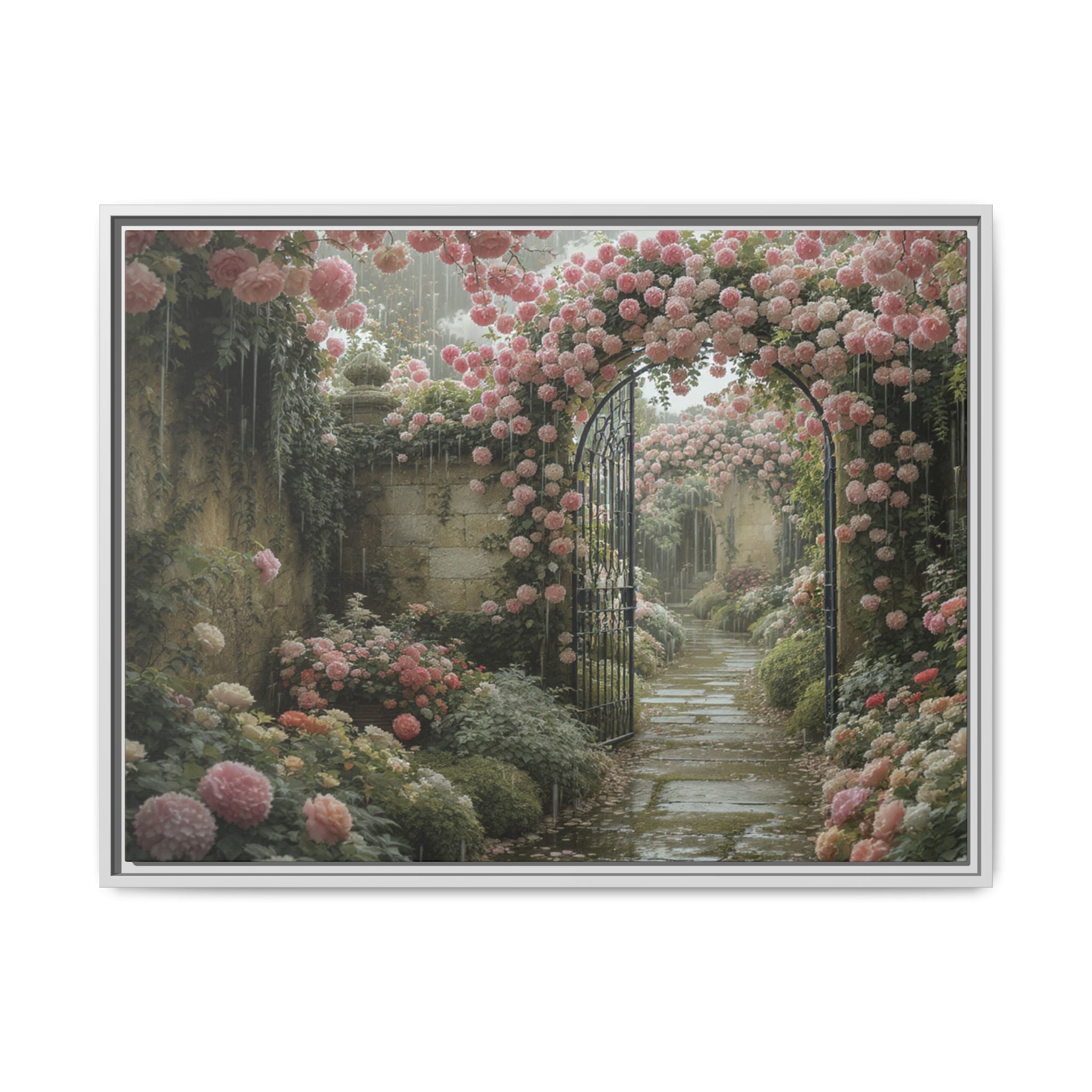 Framed Canvas Print – Secret Garden Archway Floral Landscape